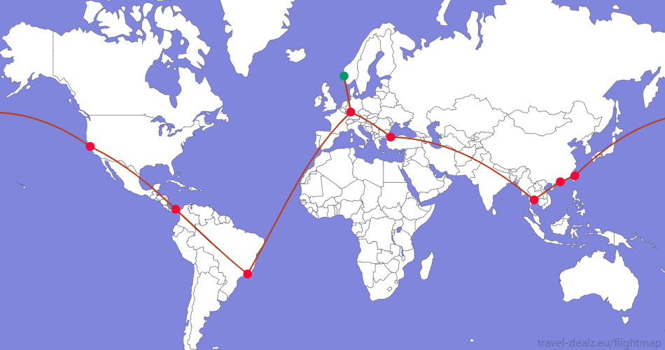 Flightmap BGO_#059669-FRA-GIG-PTY-SFO-TPE-HKG-BKK-IST-FRA-BGO;#BC3D1A Star Alliance YRWSPCL1 Round The World Ticket
