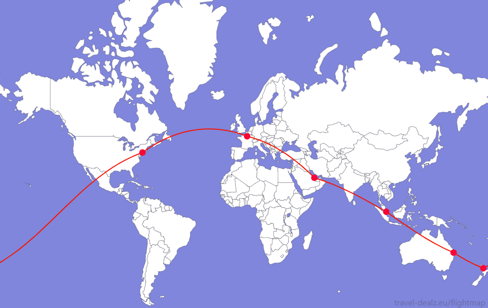 Flightmap CDG-DOH-SIN-BNE-AKL-JFK-CDG (1) Oneworld IGLOB26 Business Class Round The World Ticket Example Route