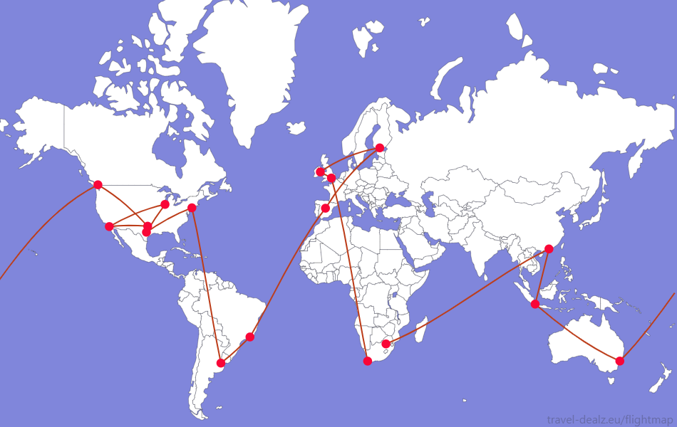 Flightmap CPT-LHR-DUB-HEL-MAD-GIG-EZE-JFK-AUS-ORD-SAN-DFW-YVR-SYD-CGK-HKG-JNB;#BC3D1A Oneworld Explorer LONE6 Economy Class Round The World Ticket Example Route