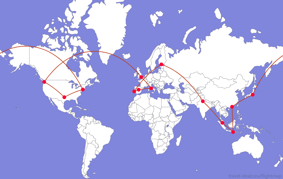 Flightmap DFW-JFK-HND-HKG-DPS-KUL-DEL-HEL-LIS-MAD-FCO-LHR-SEA-DFW;#BC3D1A Oneworld Explorer LONE3 Economy Class Round The World Ticket Example Route