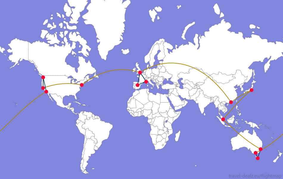 Oneworld Explorer AGLOB34 First Class Round The World Ticket Example Route