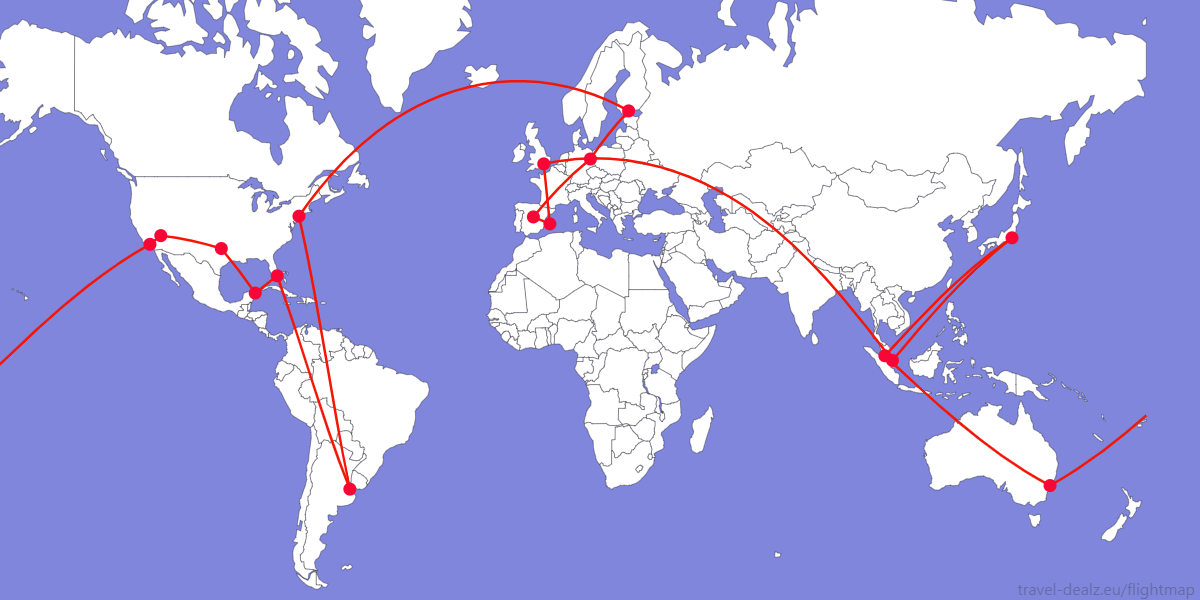 Flightmap HND-SIN-LHR-IBZ-MAD-BER-HEL-JFK-EZE-MIA-CUN-DFW-LAS-LAX-SYD-KUL-HND Oneworld DONE3 Business Class Round The World Ticket Example Route