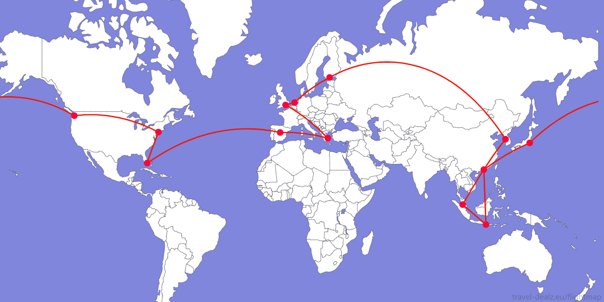 Flightmap JFK-MIA-MAD-ATH-LHR-AMS-HEL-ICN-KUL-DPS-HKG-NRT-SEA-JFK (1) Oneworld Explorer IONE3 Example Round The World Itinerary