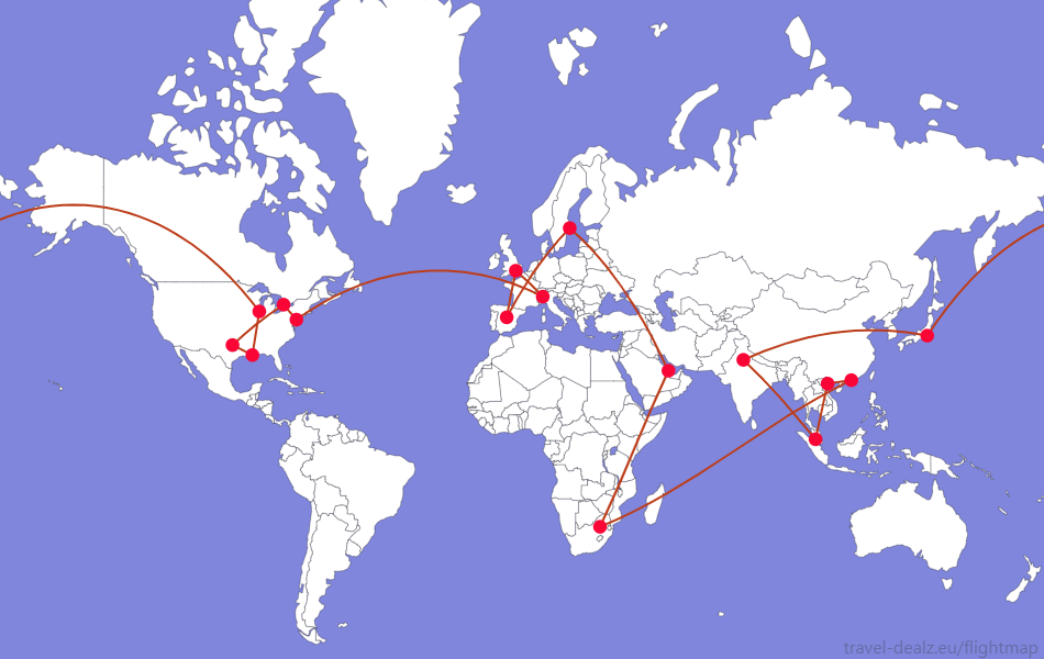 Flightmap JNB-DOH-ARN-MAD-LHR-MXP-PHL-YYZ-DFW-MSY-ORD-HND-DEL-KUL-HAN-HKG-JNB;#BC3D1A Oneworld Explorer LONE4 Economy Class Round The World Ticket Example Route