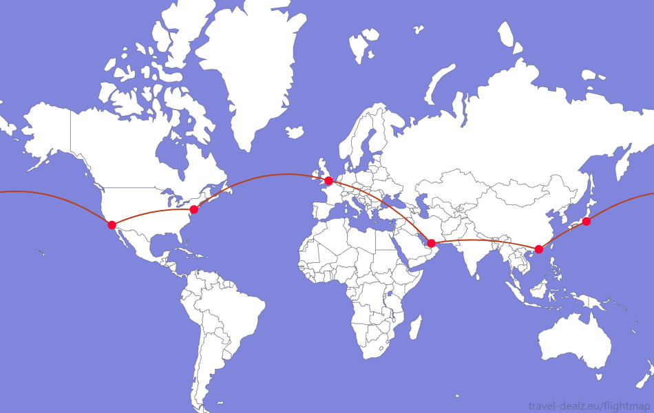 Flightmap LHR-DXB-HKG-HND-LAX-JFK-LHR;#BC3D1A Oneworld LGLOB26 Economy Class Round The World Ticket Example Route