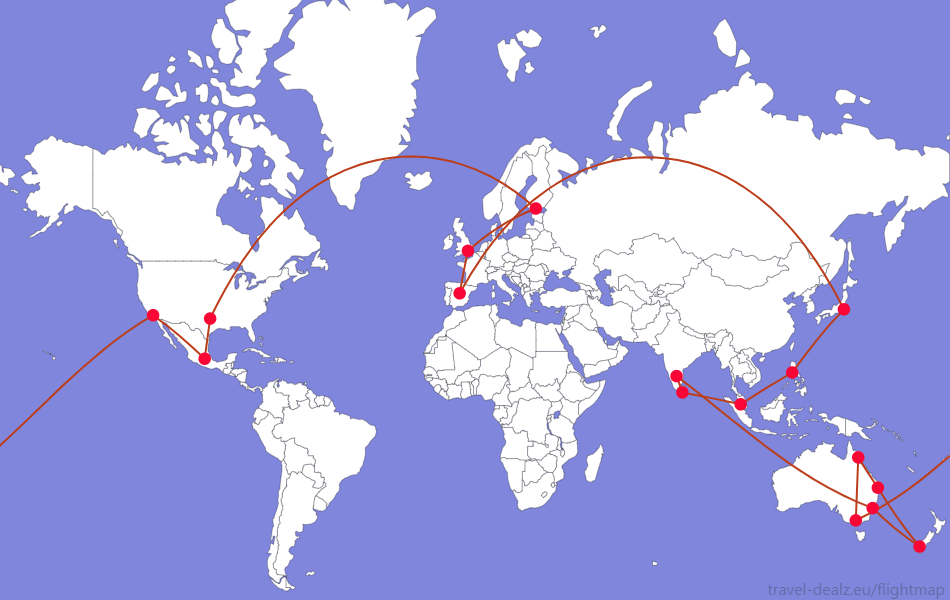 Flightmap LHR-MAD-NRT-MNL-KUL-CMB-BLR-SYD-ZQN-BNE-CNS-MEL-LAX-MEX-DFW-HEL-LHR;#BC3D1A Oneworld Explorer LONE5 Economy Class Round The World Ticket Example Route