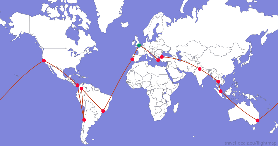 Flightmap LHR_#059669-ATH-IST-DEL-BKK-SIN-SYD-SFO-PTY-SCL-BOG-GRU-LIS-LHR;#BC3D1A_ Star Alliance YRWSPCL3 Round The World Ticket