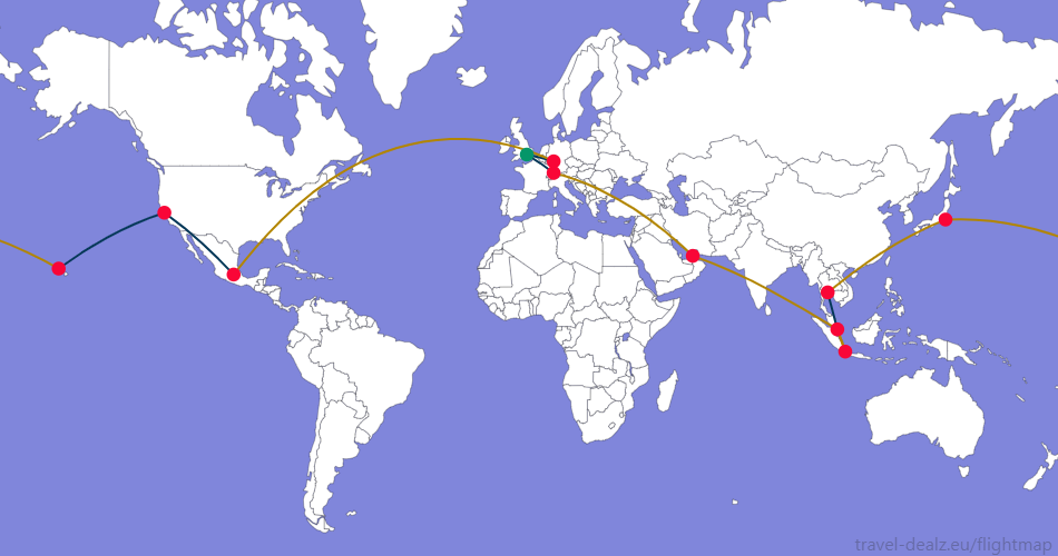 Flightmap LHR_#059669-FRA;#053858 FRA-MEX;#B28500,MEX-SFO-HNL;#053858,HNL-NRT-BKK;#B28500,BKK-SIN;#053858,SIN-CGK-SIN-DXB-ZRH;#B28500,ZRH-LHR;#053858, Star Alliance FRWSTAR1 Round The World Ticket