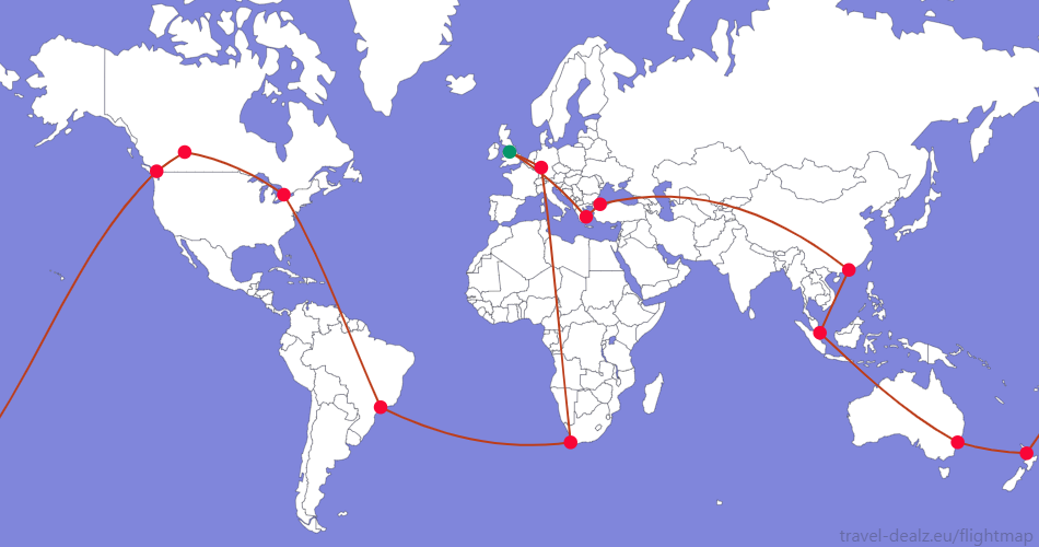 Flightmap MAN_#059669-FRA-CPT-GRU-YYZ-YEG-YVR-AKL-SYD-SIN-HKG-IST-ATH-MAN;#BC3D1A_ Star Alliance YRWSPCL3 Round The World Ticket