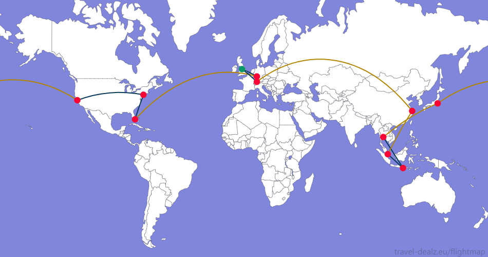 Flightmap MAN_#059669-FRA;#053858 FRA-MIA;#B28500,MIA-EWR-SFO;#053858,SFO-NRT-BKK;#B28500,BKK-DPS-SIN;#053858,SIN-PVG-ZRH;#B28500,ZRH-MAN;#053858, Star Alliance FRWSTAR1 Round The World Ticket
