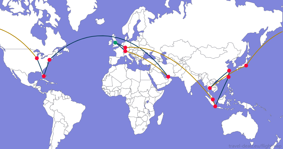 Flightmap MAN_#059669-ZRH;#053858 ZRH-DXB;#B28500,DXB-EWR-MIA-ORD;#053858,ORD-NRT-BKK;#B28500,BKK-PVG-TPE-CGK;#053858,CGK-SIN-FRA;#B28500,FRA-MAN;#053858, Star Alliance FRWSTAR2 Round The World Ticket