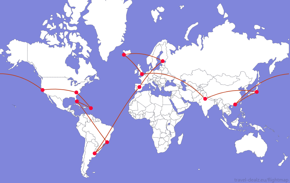 Flightmap NRT-DEL-LHR-KEF-HEL-MAD-EZE-GIG-MIA-SXM-CLT-SFO-HKG-NRT;#BC3D1A Oneworld LGLOB39 Economy Class Round The World Ticket Example Route