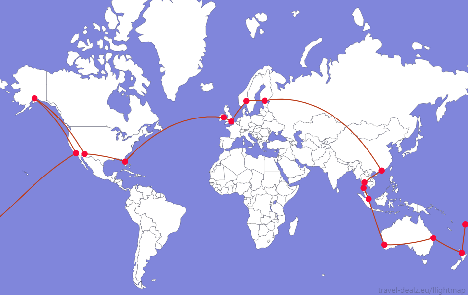 Flightmap OSL-LHR-DUB-MCO-PHX-ANC-LAX-NAN-AKL-BNE-PER-SIN-USM-BKK-HKG-HEL-OSL;#BC3D1A Oneworld LGLOB34 Economy Class Round The World Ticket Example Route