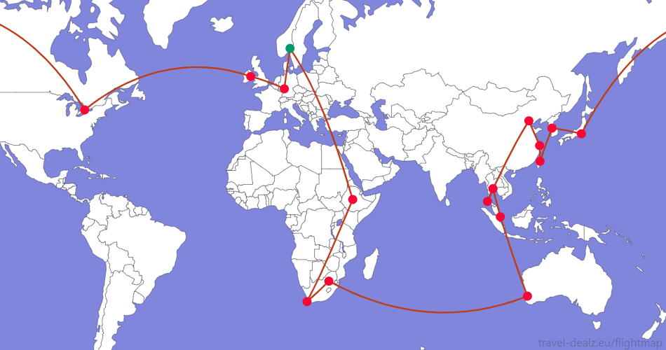 Flightmap OSL_#059669-ADD-CPT-JNB-PER-SIN-BKK-HKT-PEK-SHA-TSA-GMP-HND-YYZ-DUB-FRA-OSL;#BC3D1A Star Alliance YRWSTAR2 Round The World Ticket