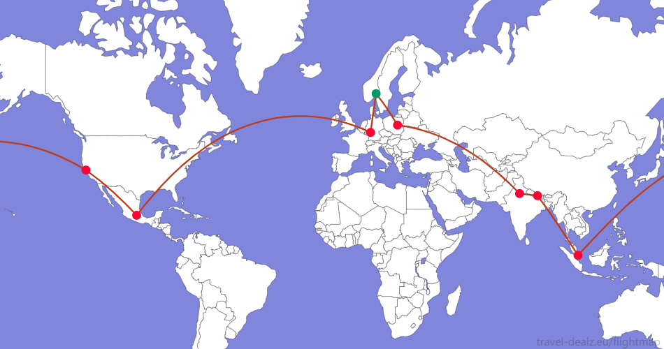 Flightmap OSL_#059669-FRA-MEX-SFO-SIN-KTM-DEL-WAW-OSL;#BC3D1A Star Alliance YRWSPCL Round The World Ticket