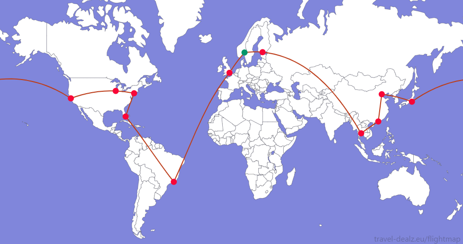 Flightmap OSL_#059669-HEL-BKK-HKG-PEK-HND-SFO-ORD-JFK-MIA-GIG-LHR-OSL;#BC3D1A Oneworld LGLOB29 Round The World Ticket
