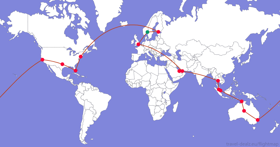 Flightmap OSL_#059669-LHR-DXB-DOH-BKK-KUL-SIN-DRW-ASP-SYD-SFO-DFW-MIA-JFK-HEL-OSL;#BC3D1A Oneworld LGLOB29 Round The World Ticket