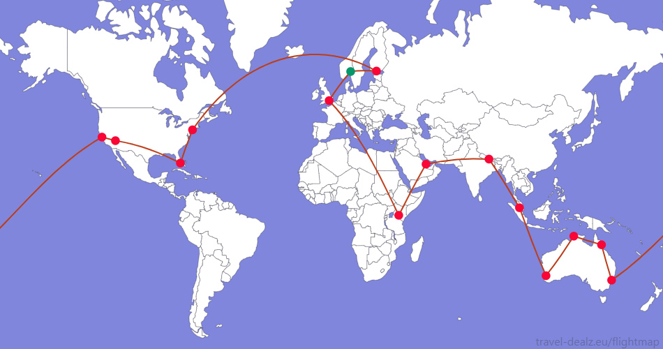 Flightmap OSL_#059669-LHR-NBO-DOH-KTM-KUL-PER-DRW-CNS-SYD-SFO-LAS-MIA-JFK-HEL-OSL;#BC3D1A Oneworld LGLOB34 Round The World Ticket