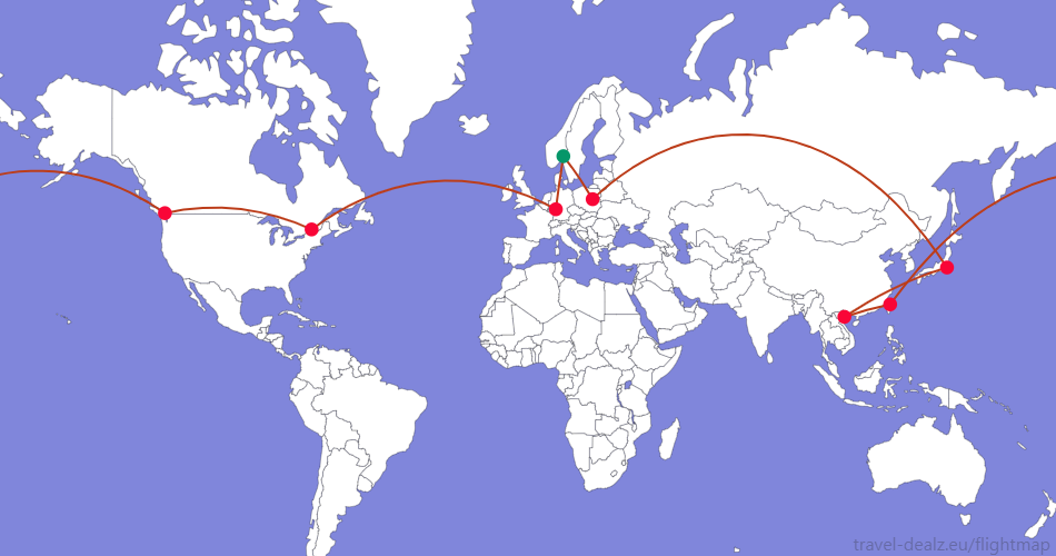Flightmap OSL_#059669-WAW-NRT-HAN-TPE-YVR-YUL-FRA-OSL;#BC3D1A Star Alliance YRWSPCL Round The World Ticket