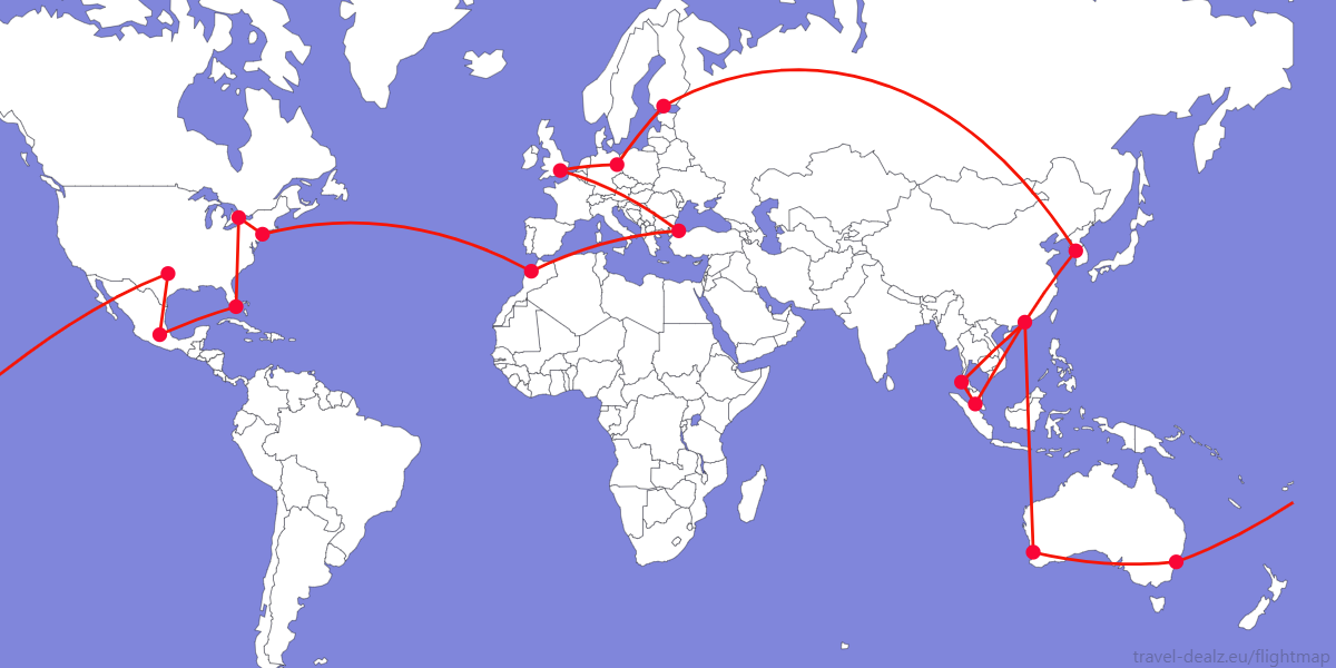 Flightmap PER-SYD-DFW-MEX-MIA-YYZ-JFK-CMN-IST-LHR-BER-HEL-ICN-KUL-HKT-HKG-PER Oneworld DONE3 Business Class Round The World Ticket Example Route