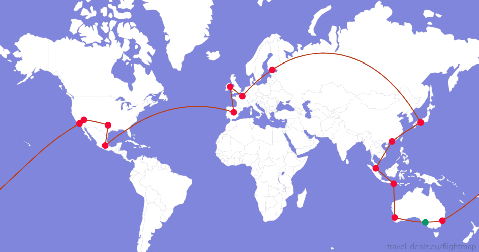 Flightmap ADL_#059669-PER-DPS-KUL-HKG-KIX-HEL-CDG-DUB-MAD-MEX-DFW-LAS-LAX-SYD-ADL;#BC3D1A Oneworld LGLOB34 Round The World Ticket