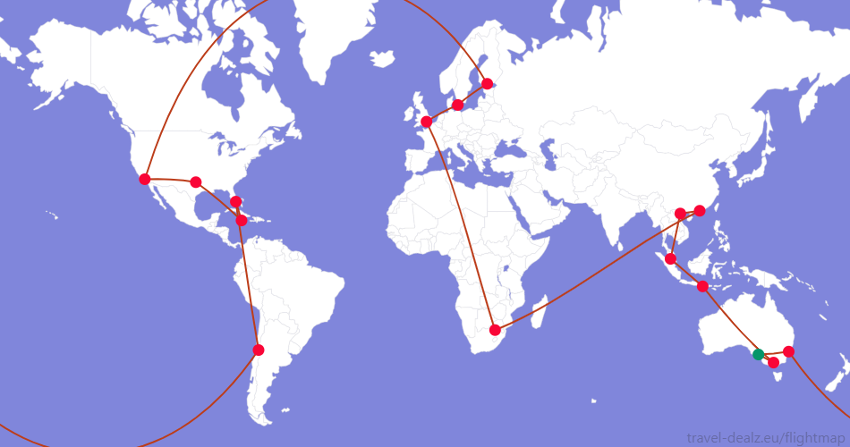 Flightmap ADL_#059669-SYD-SCL-MIA-MBJ-DFW-LAX-HEL-CPH-LHR-JNB-HKG-HAN-KUL-DPS-MEL-ADL;#BC3D1A Oneworld LONE6 Round The World Ticket