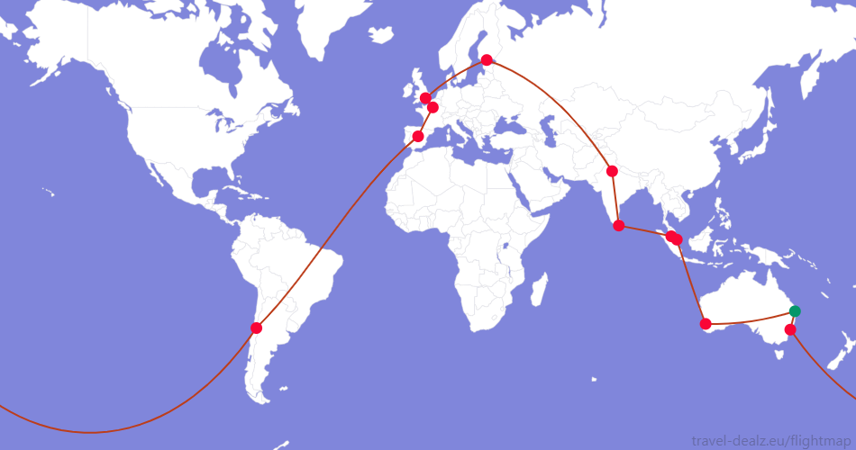 Flightmap BNE_#059669-SYD-SCL-MAD-CDG-LHR-HEL-DEL-CMB-KUL-SIN-PER-BNE;#BC3D1A Oneworld LGLOB29 Round The World Ticket