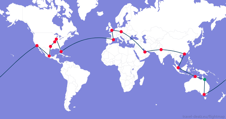 Flightmap CNS_#059669-DRW-SIN-HKG-DEL-DOH-PRG-LHR-BCN-MIA-ORD-STL-DFW-MEX-LAX-MEL-CNS;#053858 Oneworld DONE4 Round The World Ticket