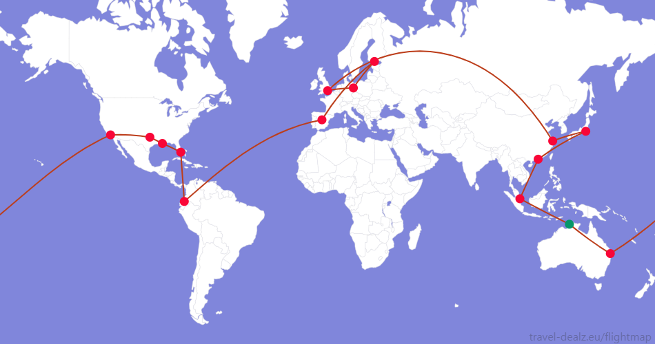 Flightmap DRW_#059669-SIN-HKG-HND-PVG-LHR-BER-HEL-MAD-UIO-MIA-MSY-DFW-LAX-BNE-DRW;#BC3D1A Oneworld LGLOB34 Round The World Ticket