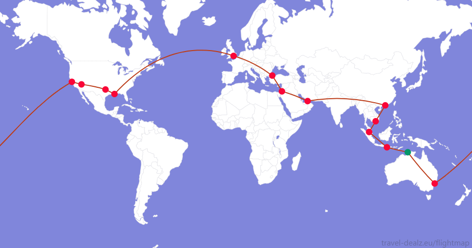 Flightmap DRW_#059669-SYD-SFO-LAS-DFW-MSY-LHR-IST-AMM-DXB-HKG-SGN-KUL-DPS-DRW;#BC3D1A Oneworld LGLOB29 Round The World Ticket