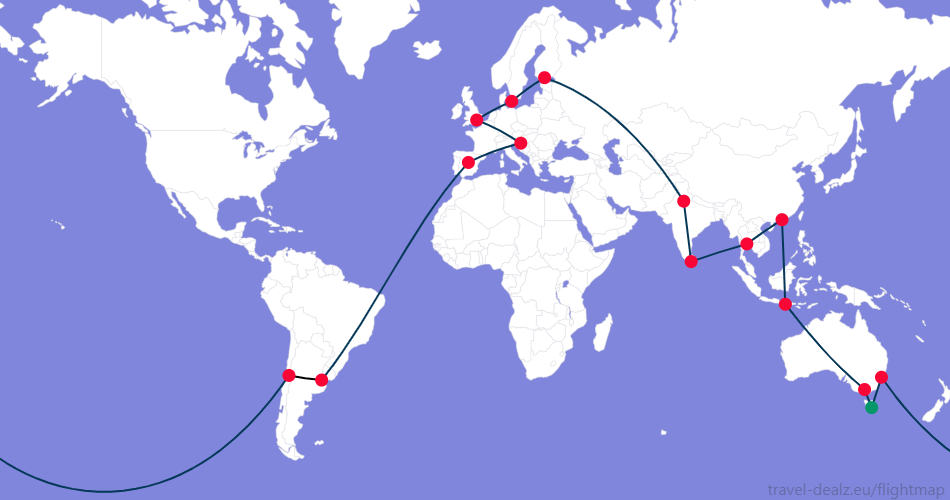 Flightmap HBA_#059669-MEL-DPS-HKG-BKK-CMB-DEL-HEL-CPH-LHR-ZAG-MAD-EZE;#053858 EZE-SCL;#000000,SCL-SYD-HBA;#053858 Oneworld DONE4 Round The World Ticket