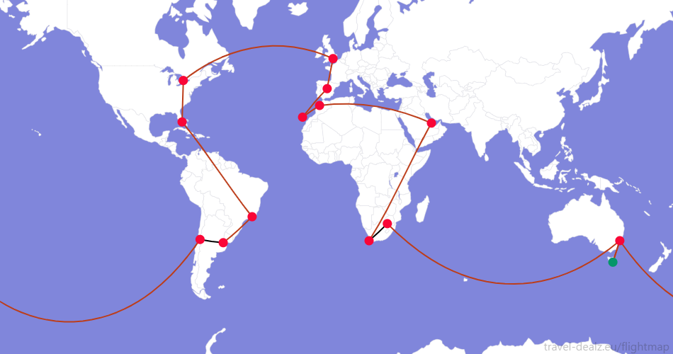 Flightmap HBA_#059669-SYD-JNB;#BC3D1A JNB-CPT;#000000,CPT-DOH-CMN-TFS-MAD-LHR-YYZ-MIA-GIG-EZE;#BC3D1A,EZE-SCL;#000000,SCL-SYD-HBA;#BC3D1A Oneworld LONE5 Round The World Ticket