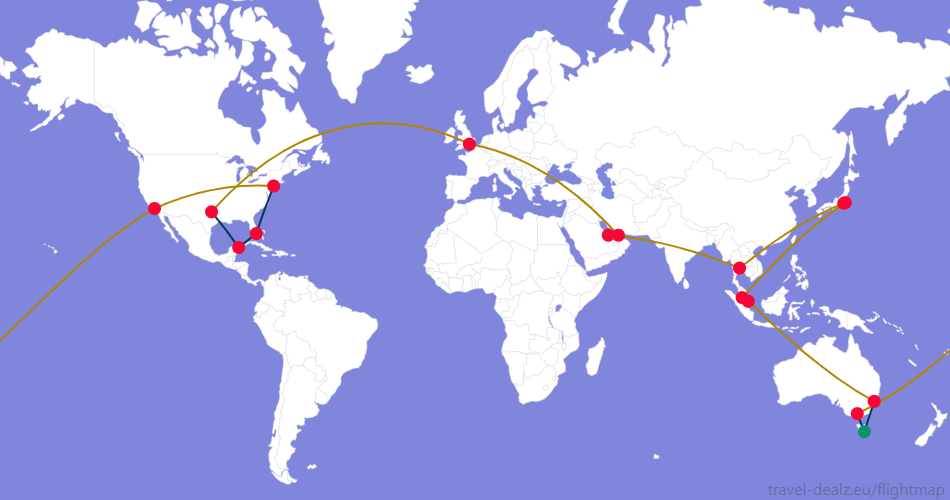 Flightmap HBA_#059669-SYD;#053858 SYD-SIN;#B28500,SIN-KUL;#053858,KUL-NRT-HND-BKK-DOH-DXB-LHR-DFW;#B28500,DFW-CUN-MIA-JFK;#053858,JFK-LAX-MEL;#B28500,MEL-HBA;#053858 Oneworld AONE4 Round The World Ticket