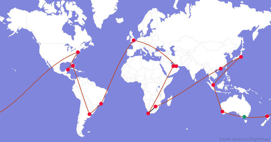 Flightmap MEL_#059669-AKL-JFK-CUN-MIA-EZE-GIG-LHR-DXB-DOH-CPT;#BC3D1A CPT-JNB;#000000,JNB-HKG-NRT-SIN-PER-MEL;#BC3D1A Oneworld LONE6 Round The World Ticket