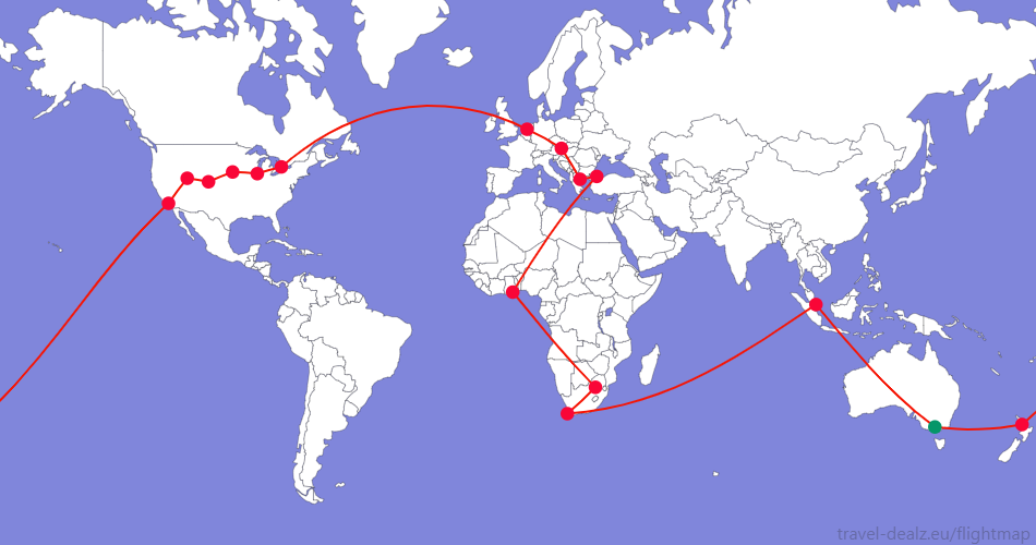 Flightmap MEL_#059669-AKL-LAX-SLC-DEN-SUX-ORD-YYZ-AMS-VIE-SKG-IST-ACC-JNB-CPT-SIN-MEL Star Alliance YRWSTAR2 Round The World Ticket