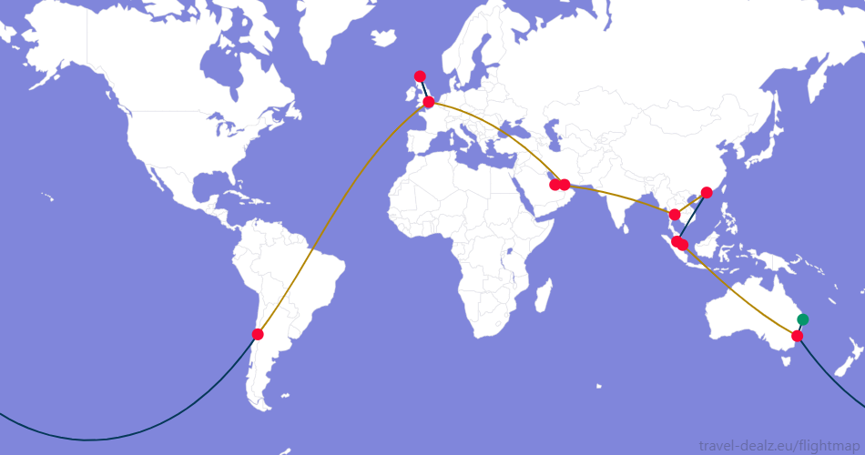 Flightmap OOL_#059669-SYD;#053858 SYD-SIN;#B28500,SIN-KUL-HKG;#053858,HKG-BKK-DOH-DXB-LHR;#B28500,LHR-INV-LHR;#053858,LHR-SCL;#B28500,SCL-SYD;#053858 Oneworld AONE4 Round The World Ticket