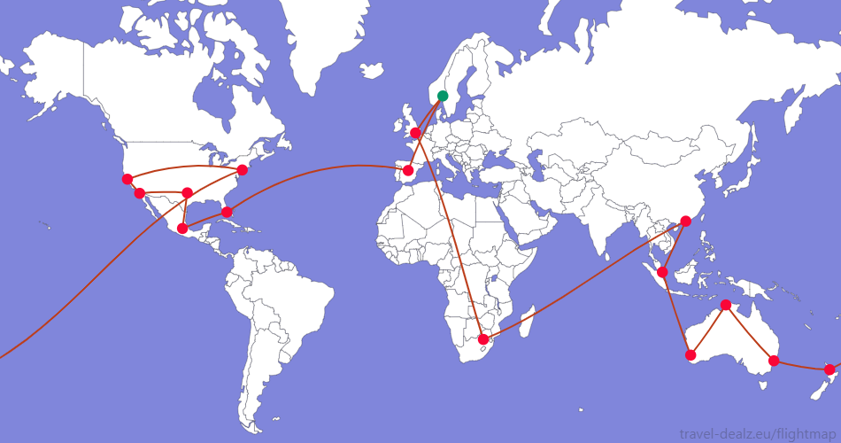 Flightmap OSL_#059669-LHR-JNB-HKG-SIN-PER-DRW-SYD-AKL-JFK-SFO-SAN-DFW-MEX-MIA-MAD-OSL;#BC3D1A <br />
Oneworld LONE5 Round The World Ticket