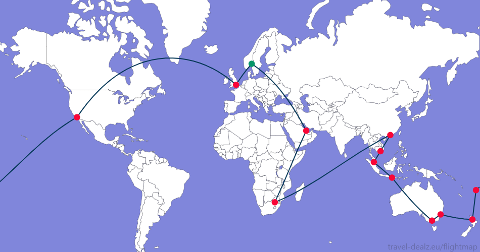 Flightmap OSL_#059669-LHR-LAX-NAN-AKL-SYD-MEL-DPS-KUL-SGN-HKG-JNB-DOH-OSL;#053858 Oneworld DGLOB34 Round The World Ticket