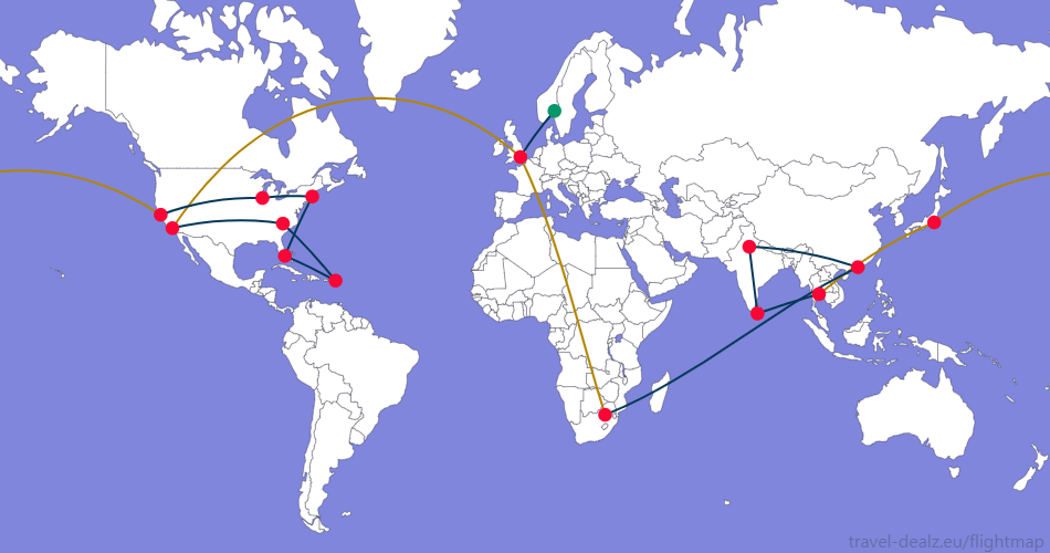 Flightmap OSL_#059669-LHR;#053858 LHR-LAX;#B28500,LAX-CLT-SXM-MIA-BOS-ORD-SFO;#053858,SFO-HND-BKK;#B28500,BKK-CMB-DEL-HKG-JNB;#053858,JNB-LHR;#B28500 Oneworld AONE4 Round The World Ticket