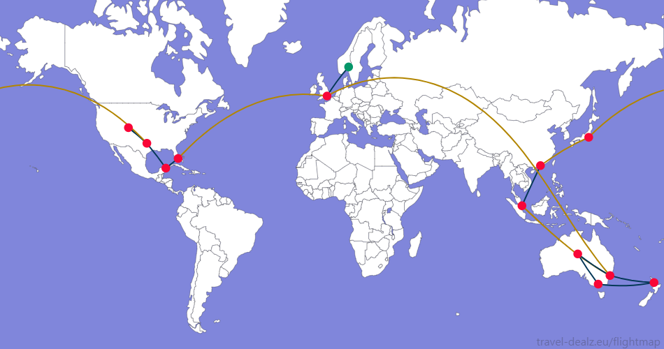 Flightmap OSL_#059669-LHR;#053858 LHR-MIA;#B28500,MIA-CUN-DFW-EGE-DFW;#053858,DFW-HND-HKG;#B28500,HKG-SIN;#053858,SIN-SYD;#B28500,SYD-ASP-MEL-AKL-SYD;#053858,SYD-LHR;#B28500 Oneworld AONE4 Round The World Ticket