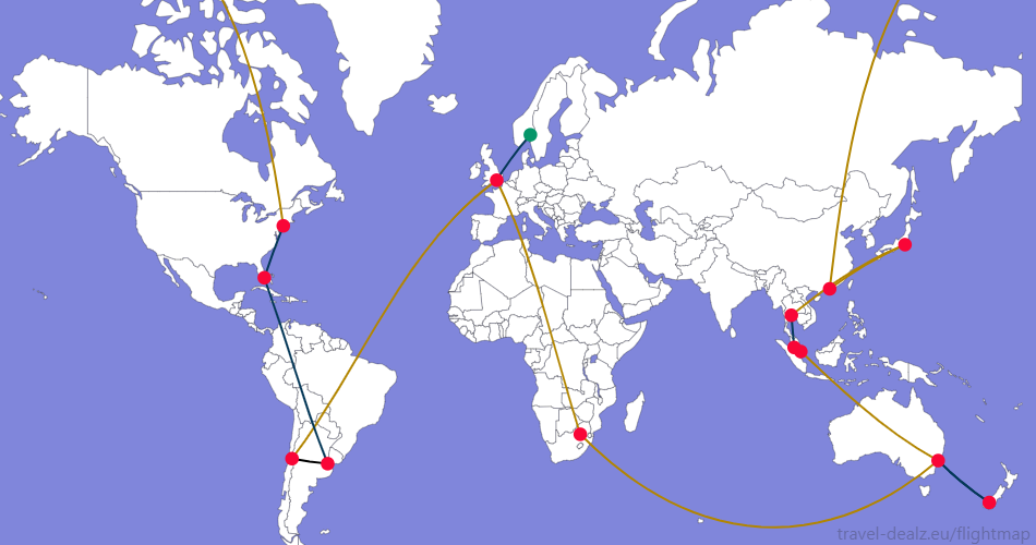 Flightmap OSL_#059669-LHR;#053858 LHR-SCL;#B28500,SCL-EZE;#000000,EZE-MIA-JFK;#053858,JFK-HKG-HND-BKK;#B28500,BKK-KUL-SIN;#053858,SIN-SYD;#B28500,SYD-ZQN-SYD;#053858,SYD-JNB-LHR;#B28500 Oneworld AONE6 Round The World Ticket