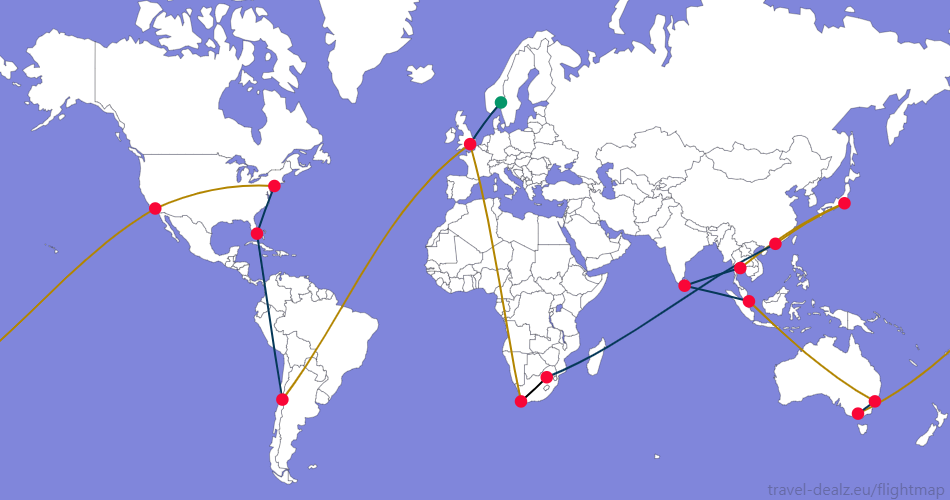 Flightmap OSL_#059669-LHR;#053858 LHR-SCL;#B28500,SCL-MIA-JFK;#053858,JFK-LAX-MEL;#B28500,MEL-SYD;#053858,SYD-SIN;#B28500,SIN-CMB-BKK;#053858,BKK-HND-HKG;#B28500,HKG-JNB;#053858,JNB-CPT;#000000,CPT-LHR;#B28500 Oneworld AONE6 Round The World Ticket
