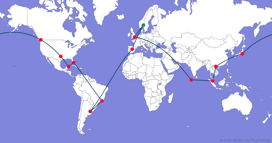 Flightmap OSL_#059669-MAD-EZE-GIG-MIA-CUN-DFW-YVR-NRT-HAN-KUL-MLE-LHR-OSL;#053858 Oneworld DGLOB34 Round The World Ticket