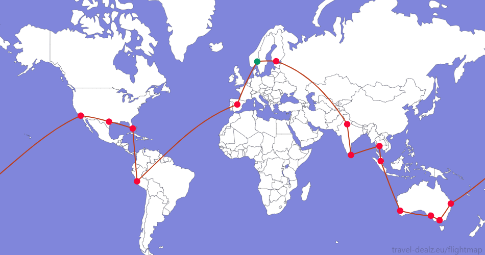 Flightmap OSL_#059669-MAD-LIM-MIA-AUS-LAX-BNE-MEL-ADL-PER-KUL-BKK-CMB-DEL-HEL-OSL;#BC3D1A <br />
Oneworld LGLOB34 Round The World Ticket