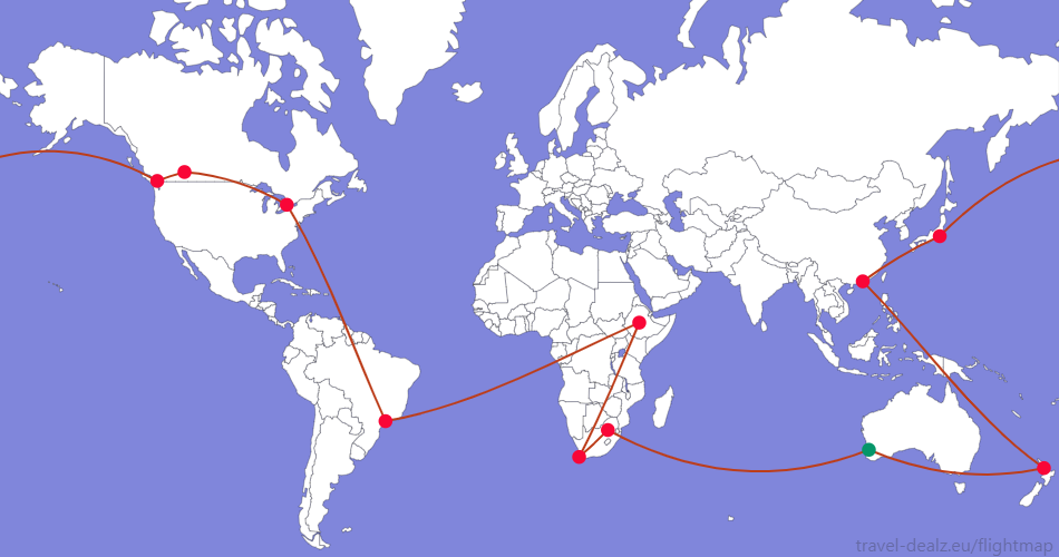 Flightmap PER_#059669-JNB-CPT-ADD-GRU-YYZ-YYC-YVR-HND-HKG-AKL-PER;#BC3D1A Star Alliance YRWSPCL3 Round The World Ticket
