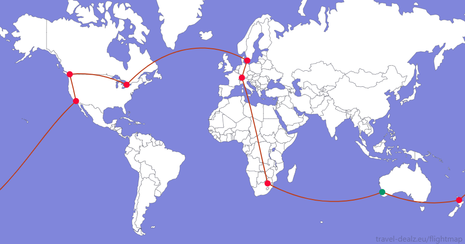 Flightmap PER_#059669-JNB-ZRH-CPH-YYZ-YVR-LAX-AKL-PER;#BC3D1A Star Alliance YRWSPCL1 Round The World Ticket