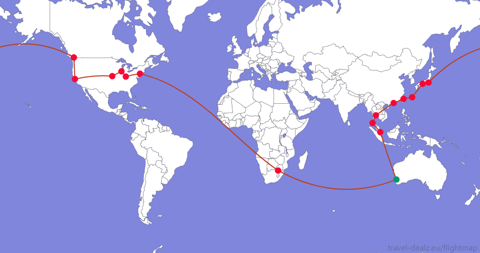 Flightmap PER_#059669-SIN-HKT-BKK-HKG-TPE-OKA-ITM-HND-YVR-SFO-MCI-ORD-CVG-EWR-JNB-PER;#BC3D1A Star Alliance YRWSTAR1 Round The World Ticket