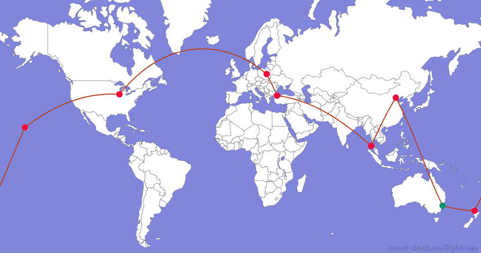 Flightmap SYD_#059669-AKL-HNL-ORD-WAW-IST-HKT-PEK-SYD;#BC3D1A Star Alliance YRWSPCL1 Round The World Ticket