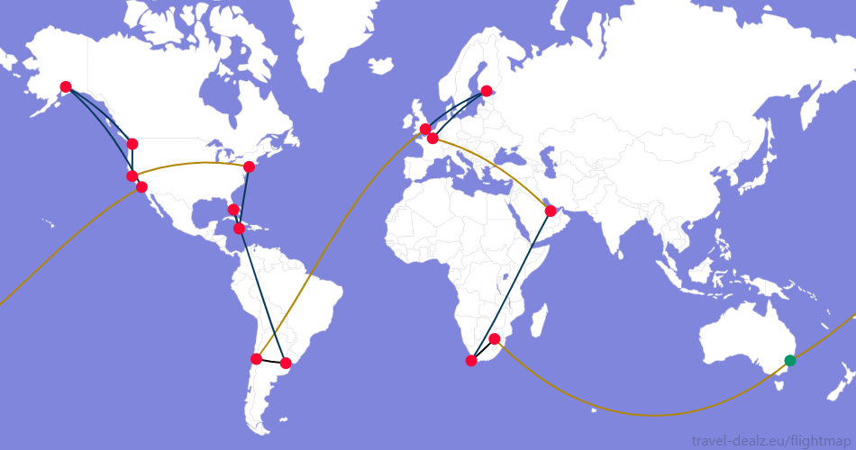 Flightmap SYD_#059669-JNB;#B28500 JNB-CPT;#000000,CPT-DOH;#053858,DOH-CDG;#B28500,CDG-HEL-LHR;#053858,LHR-SCL;#B28500,SCL-EZE;#000000,EZE-MIA-MBJ-JFK;#053858,JFK-SFO;#B28500,SFO-SEA-ANC-LAX;#053858,LAX-SYD;#B28500 Oneworld AONE5 Round The World Ticket