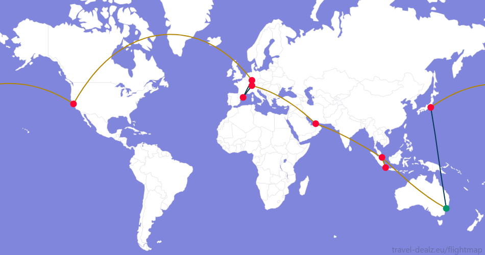 Flightmap SYD_#059669-SIN-CGK-SIN-DXB-ZRH;#B28500 ZRH-BCN-FRA;#053838,FRA-SFO-HND;#B28500,HND-SYD;#053858_ Star Alliance FRWSTAR1 Round The World Ticket
